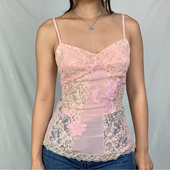 Tops - small pink floral lace silk camisole